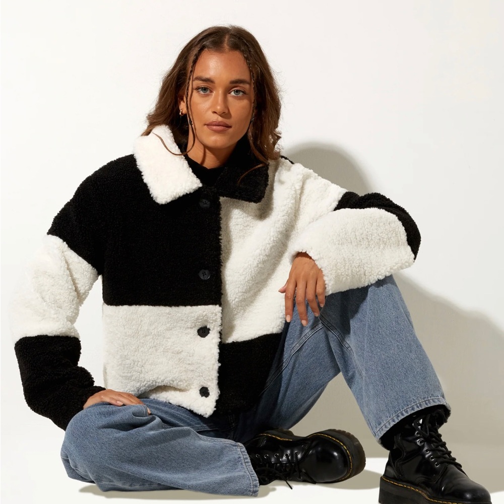 Motel Black and White Fur Button-Up Coat